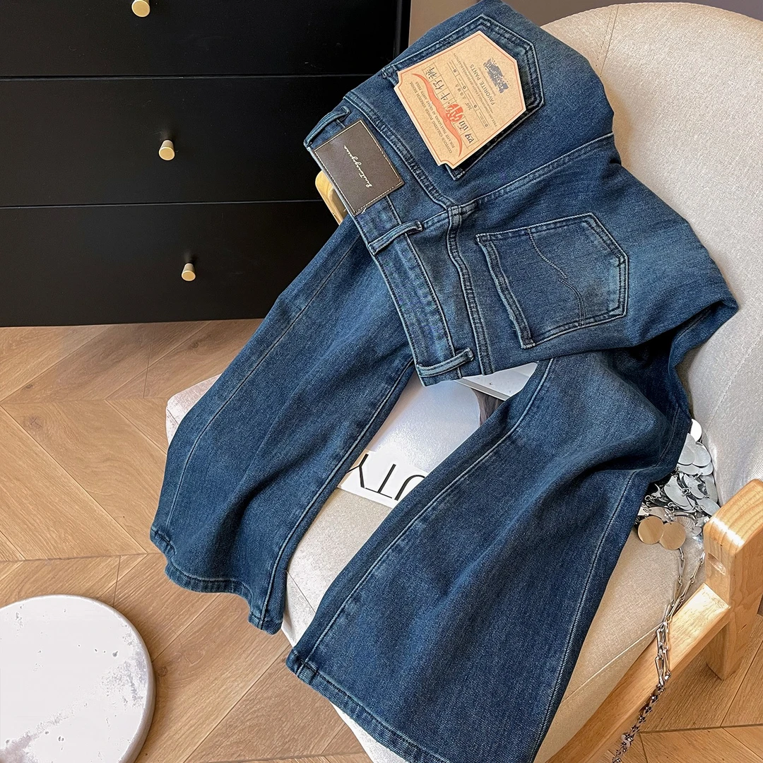 小C家 天丝微喇牛仔裤女2025新款秋港风穿搭高腰修身显瘦薄绒裤子