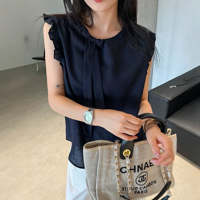 欧货圆领蝴蝶结木耳边飞飞袖衬衫女2025夏季新款时尚百搭显瘦上衣