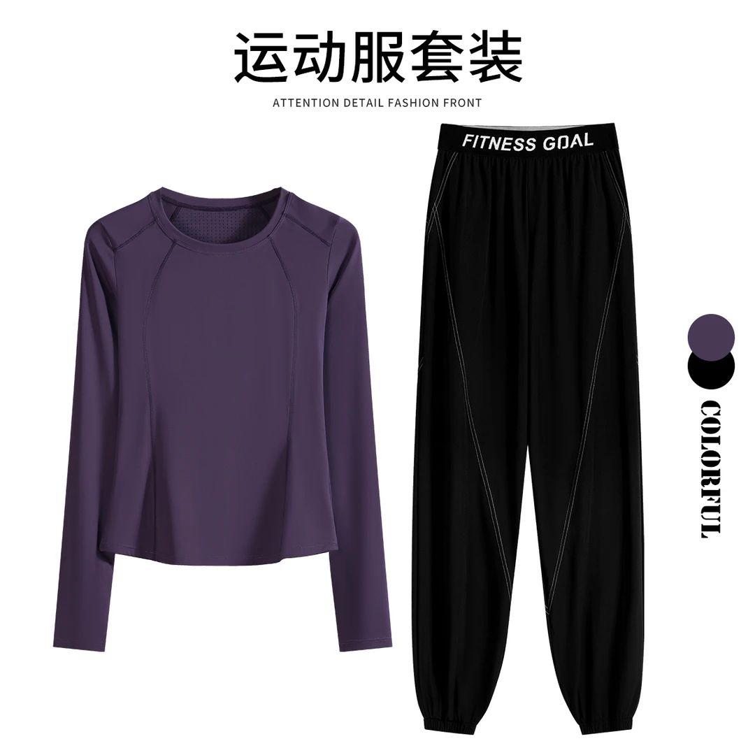 跑步运动套装女晨跑服春秋新款T恤健身服女专业户外长袖宽松长裤