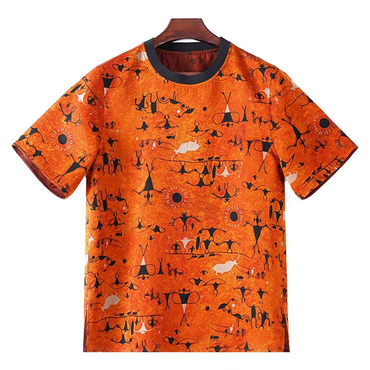 【看山看水】99486红云纱男士短袖T恤桑蚕丝绞罗新中式复古上衣