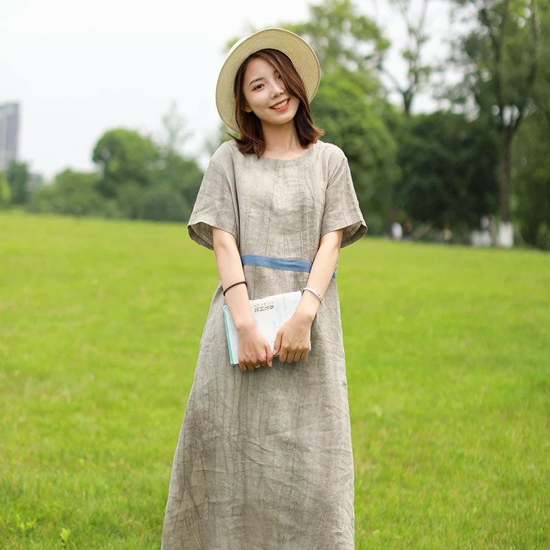 乱在江南乱在江南连衣裙夏款短袖圆领亚麻宽松文艺女装拼接长裙