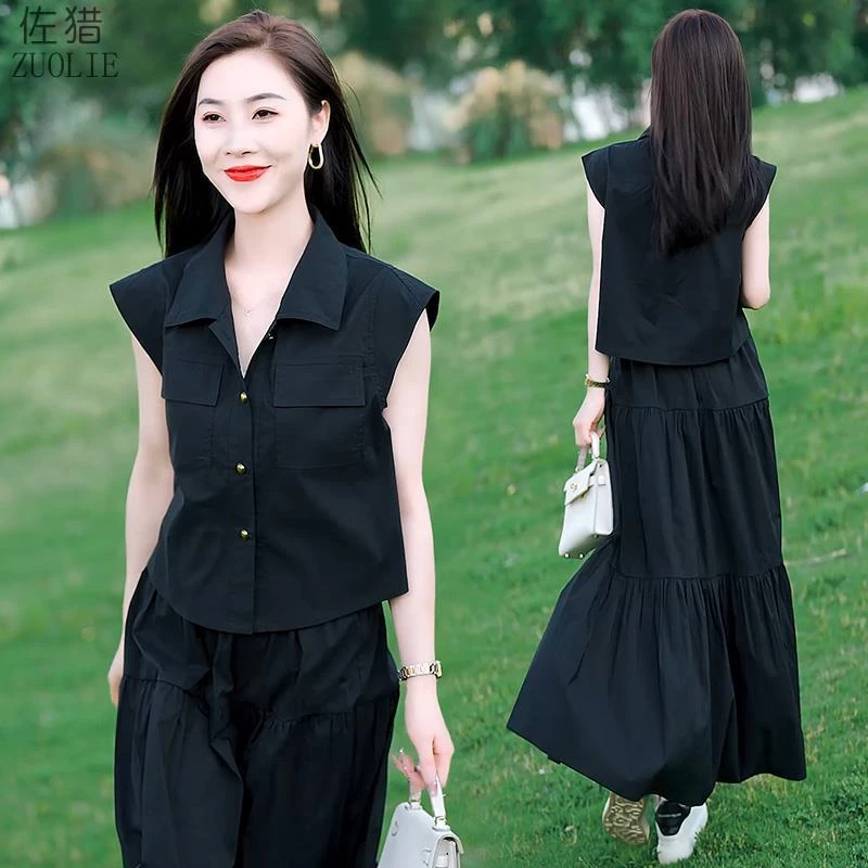 时尚时尚半身裙套装女夏薄2025年新款气质无袖短款衫衣+a字裙两件