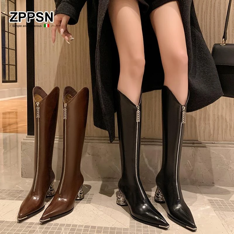ZPPSN6.5cm高跟秋冬新款加绒高筒长靴英伦风前拉链尖头粗跟不过膝