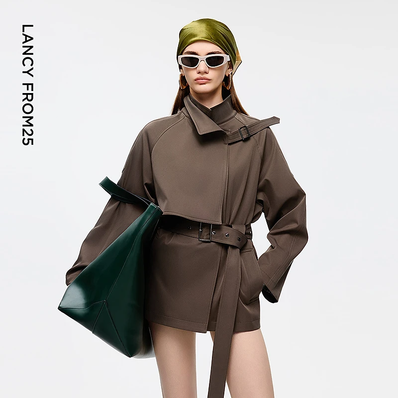 朗姿2025年秋季新款短款绿色风衣外套复古设计感气质英伦风高级感