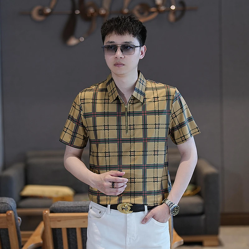 男士夏季新款冰丝修身半拉链短袖休闲百搭薄款翻领时尚衬衣