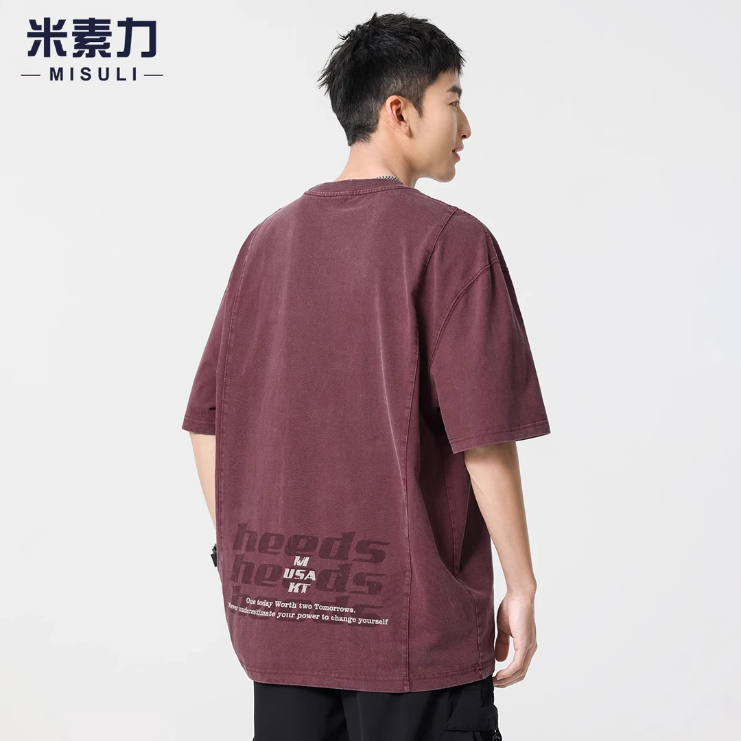 美式复古水洗做旧t恤男青少年重磅纯棉短袖上衣夏季印花体恤衣服