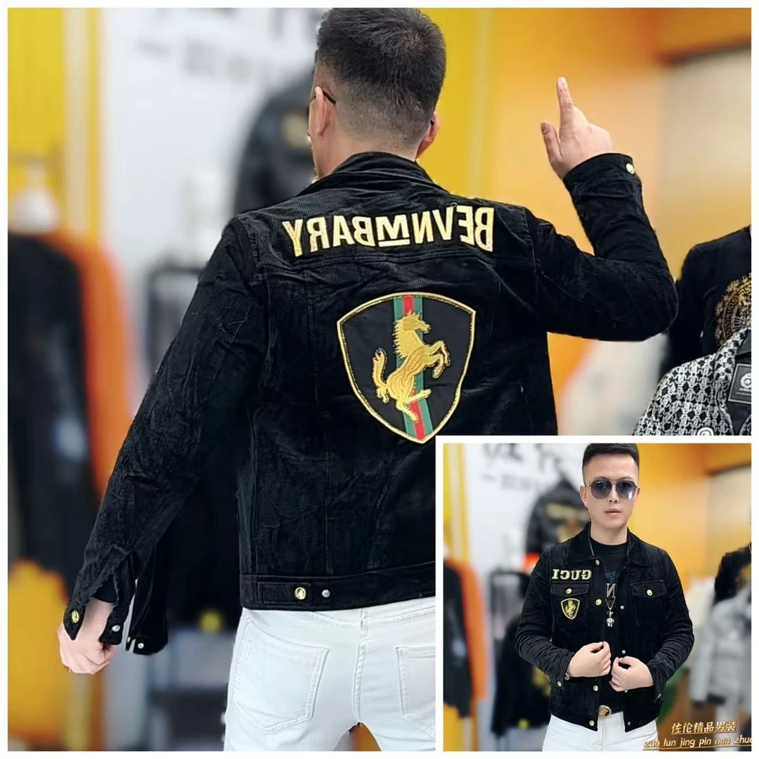 8711冬季新款翻领修身潮流夹克中国风战马男装刺绣外套