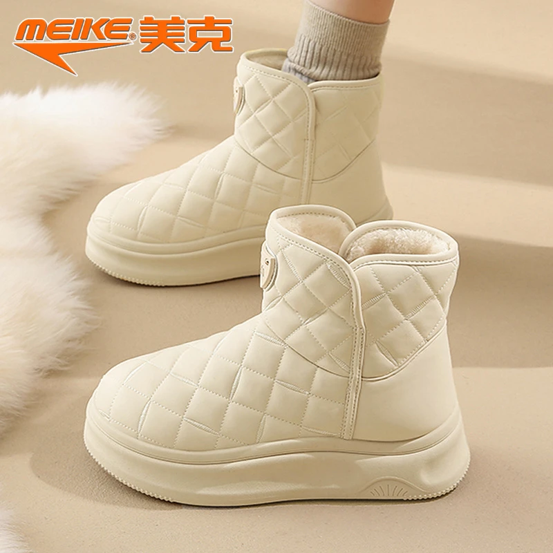 美克雪地靴女款爆款2024新款冬季加绒加厚棉鞋女白色皮面防水防滑