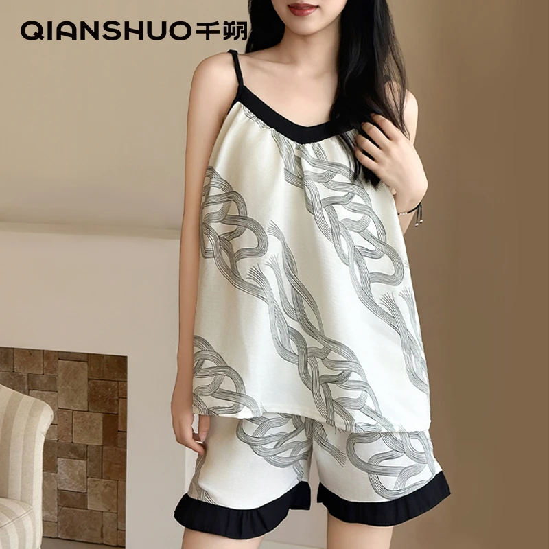 千朔新款条纹吊带睡衣女夏季带胸垫性感高级感休闲短裤家居服套装