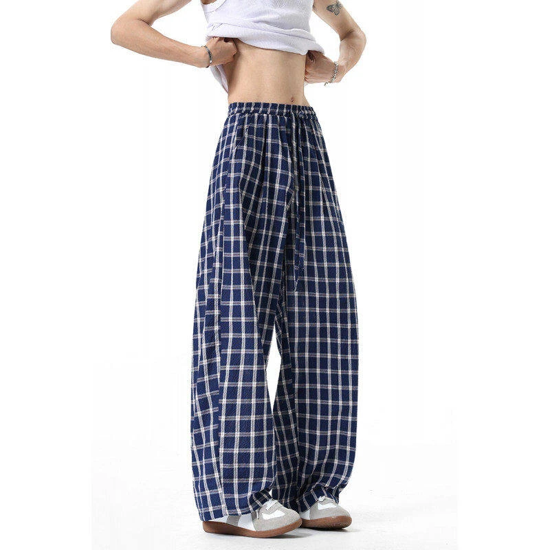 格子阔腿夏季男女同款薄款休闲裤宽松直筒外穿潮流弯刀高街长裤子