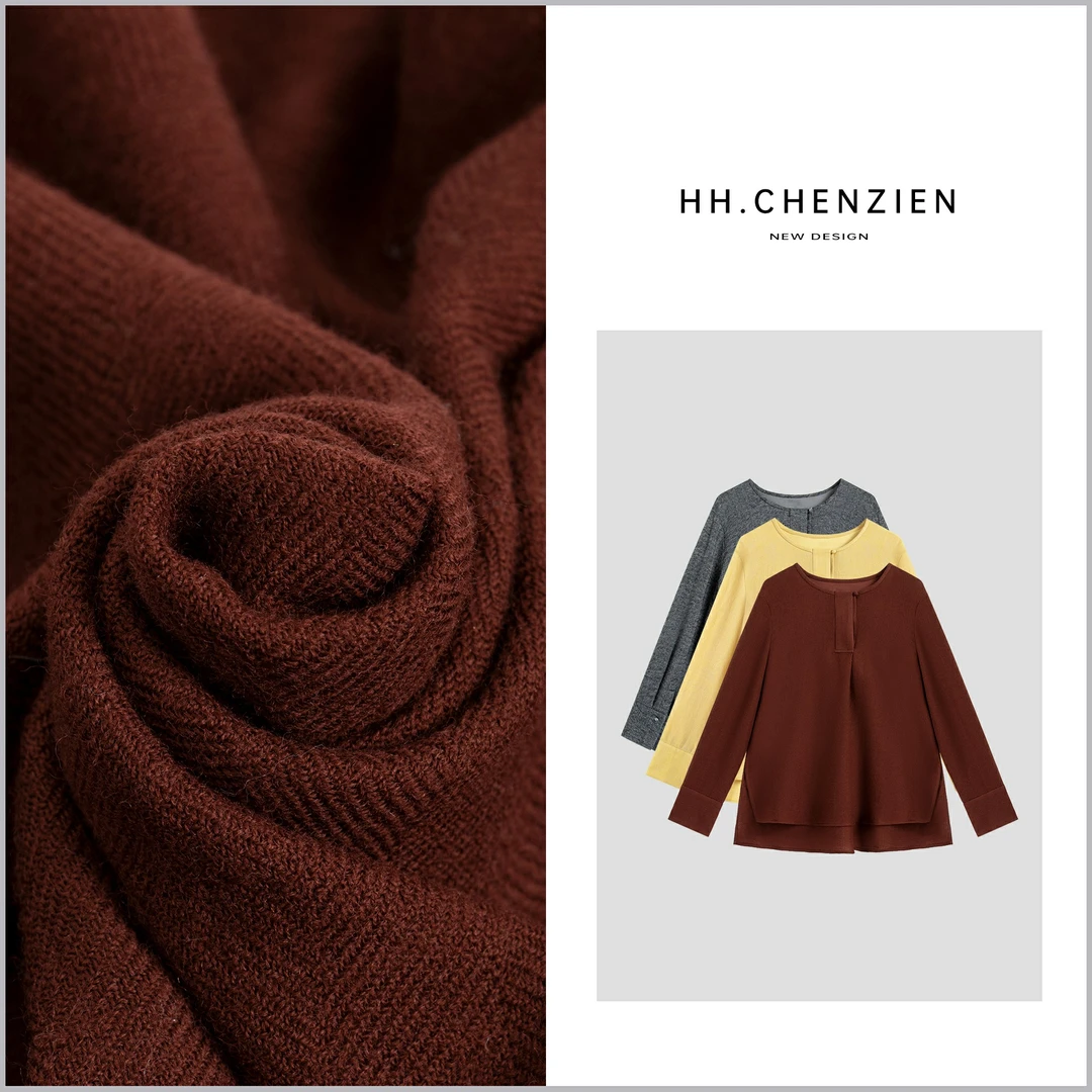 【黑黑家】春季新款女士圆领半开襟设计百搭上衣