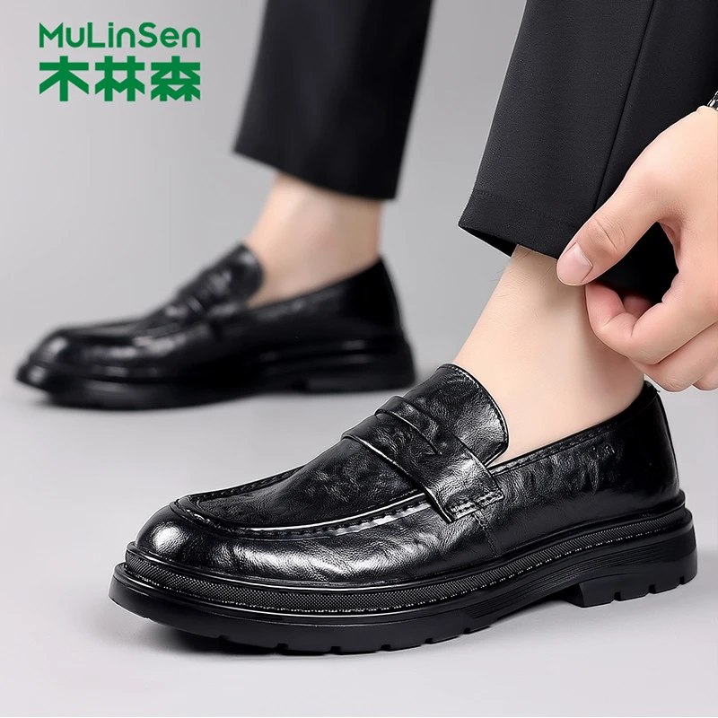 木林森休闲皮鞋男2025年新款秋冬商务休闲软底一脚蹬豆豆潮鞋秋冬