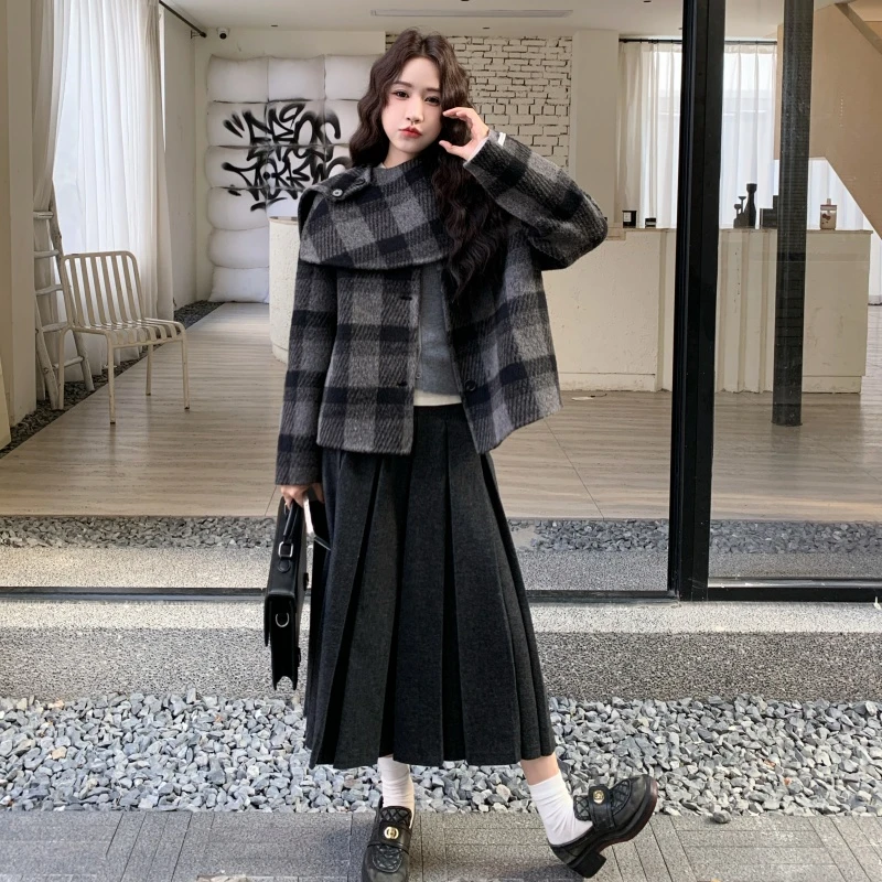 时尚韩系氛围感个性减龄大衣女2025秋冬新款高级感格纹双面呢外套