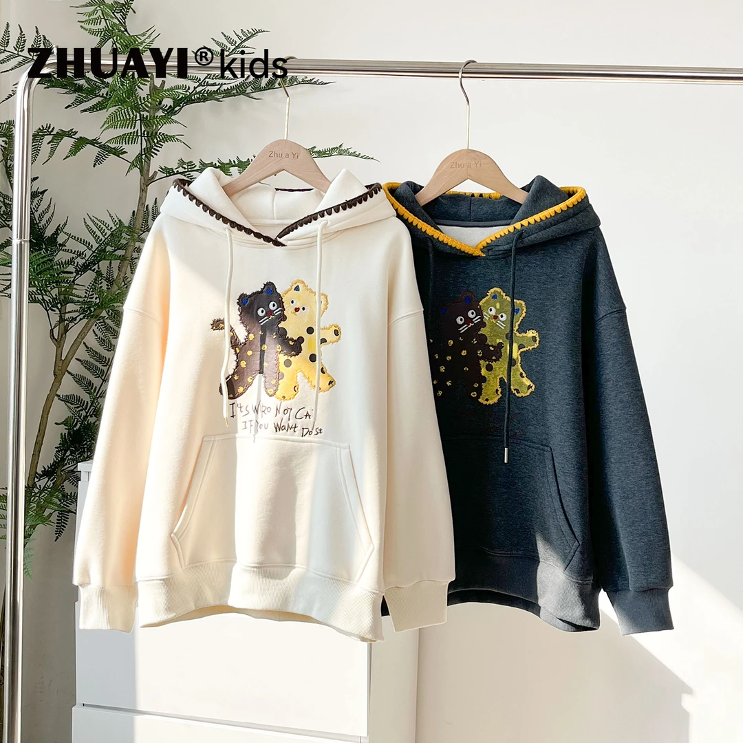 女童加绒连帽卫衣猫咪卡通宽松大版冬季套头上衣冬装（25403328）1