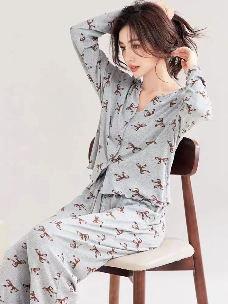 韩版少女灰色蝴蝶结开衫莫代尔睡衣女春夏2025时尚可外穿家居服