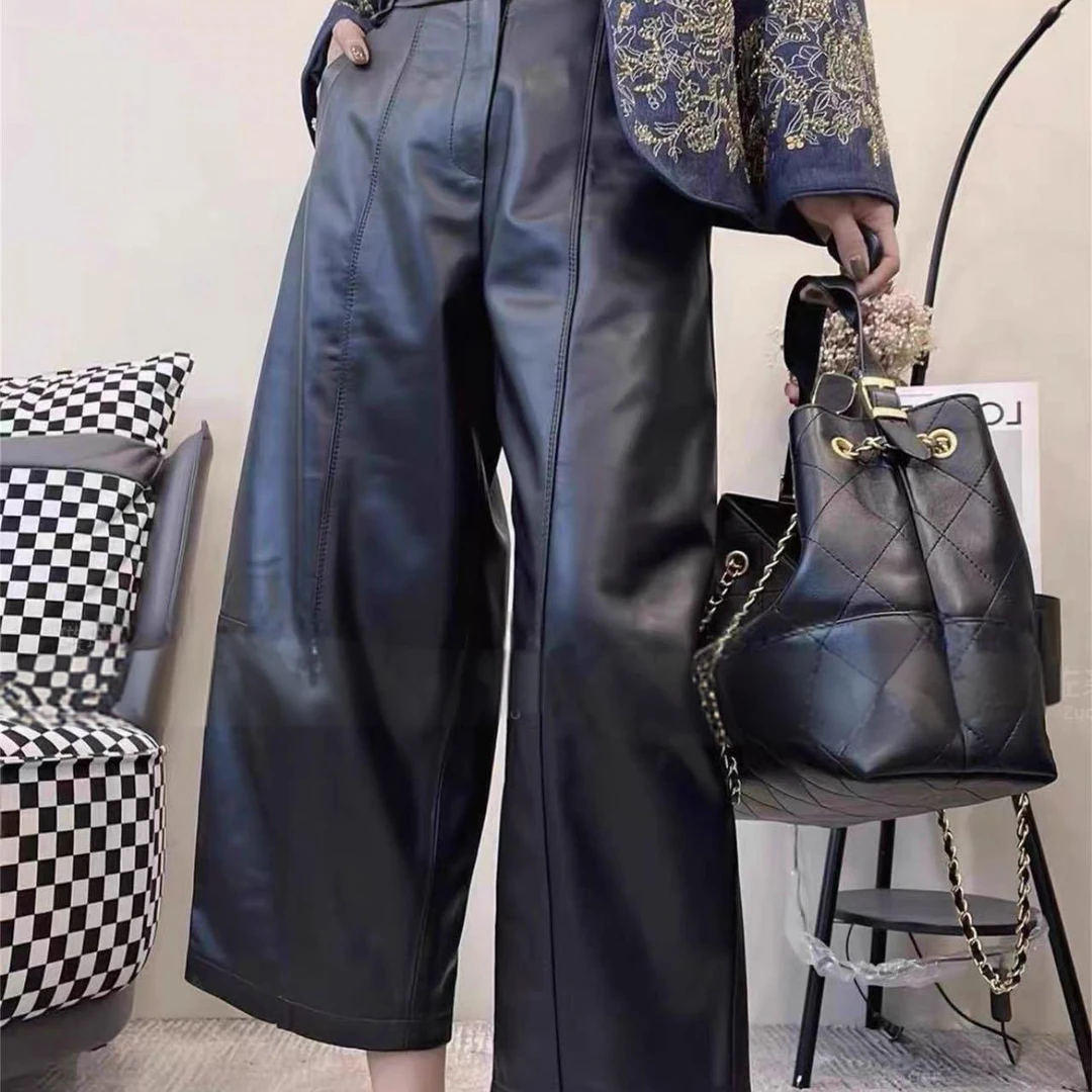 2025早秋新款真皮皮裤女高腰直筒阔腿裤绵羊皮韩版显瘦八分休闲裤