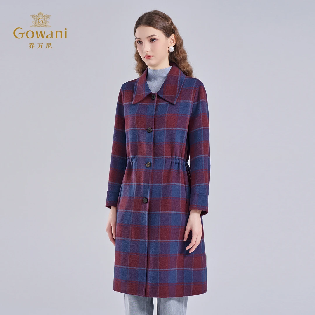 乔万尼冬季绵羊毛格纹大衣中长款收腰翻领双面穿毛呢外套EI4A532