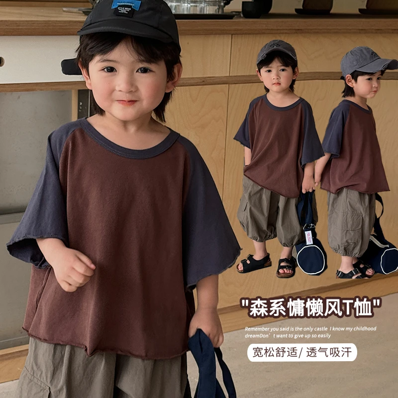 《夏上新》个性男女童撞色插肩袖圆领短袖上衣夏装森系半袖LZ293