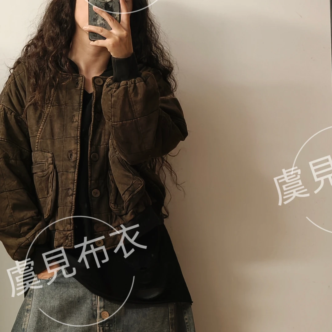 虞姑娘  冬季炒色做旧螺纹领夹棉棉衣【衣长52胸围120】