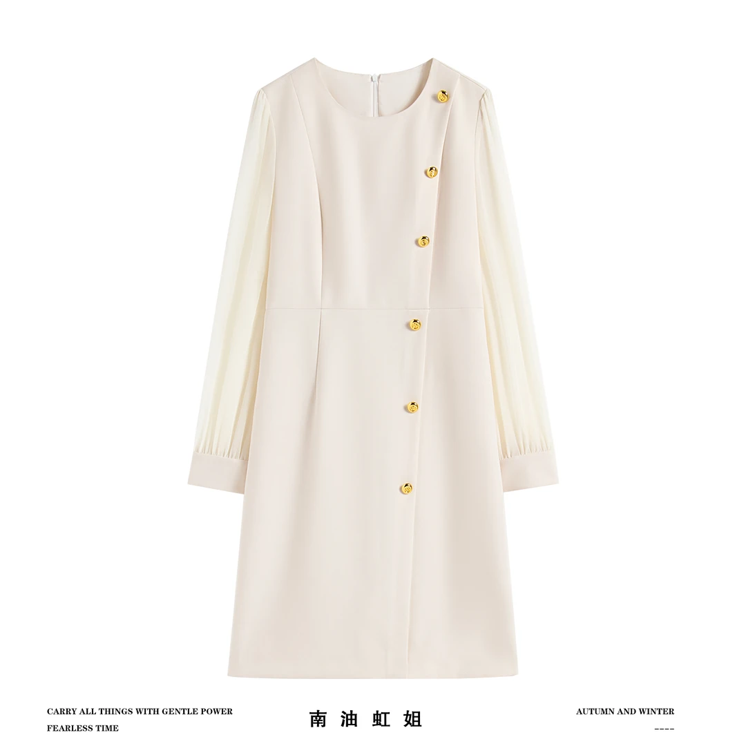 【南油虹姐】新款高级感纽扣装饰透视袖圆领高腰连衣裙