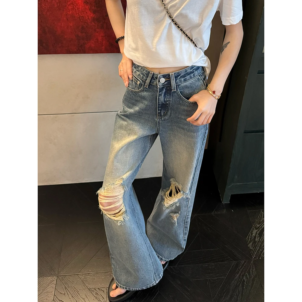 王家有鱼百搭显瘦直筒阔腿裤2025年新款垂感牛仔裤女夏季破洞裤子
