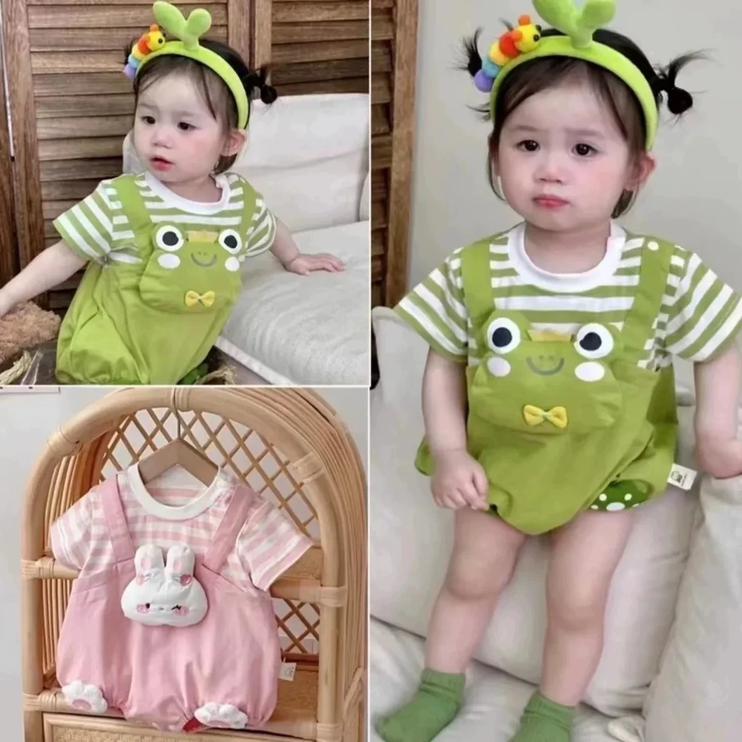 Y【优选】新生儿夏季连体衣卡通立体青蛙小兔可爱短袖薄款夏装sy