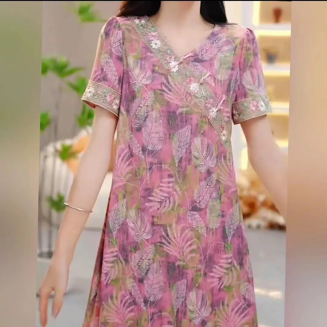 新中式国风旗袍冰羽丝连衣裙女遮肚2025年夏季新款时尚减龄连衣裙