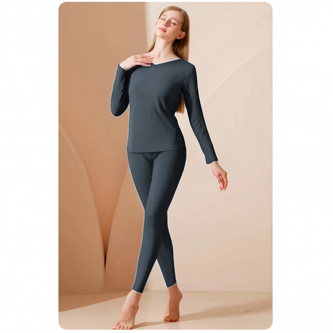 女士秋衣秋裤套装02428轻薄款裸肤无感内衣套装V领长袖长裤套装