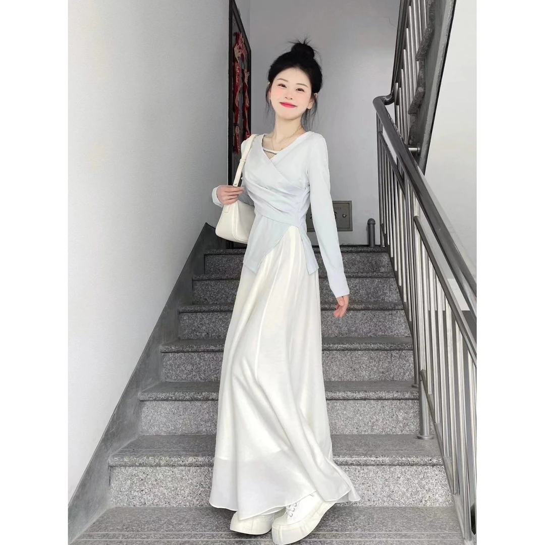户外女2025春夏新款温柔风不规则长袖T恤修身上衣高腰显瘦半身裙