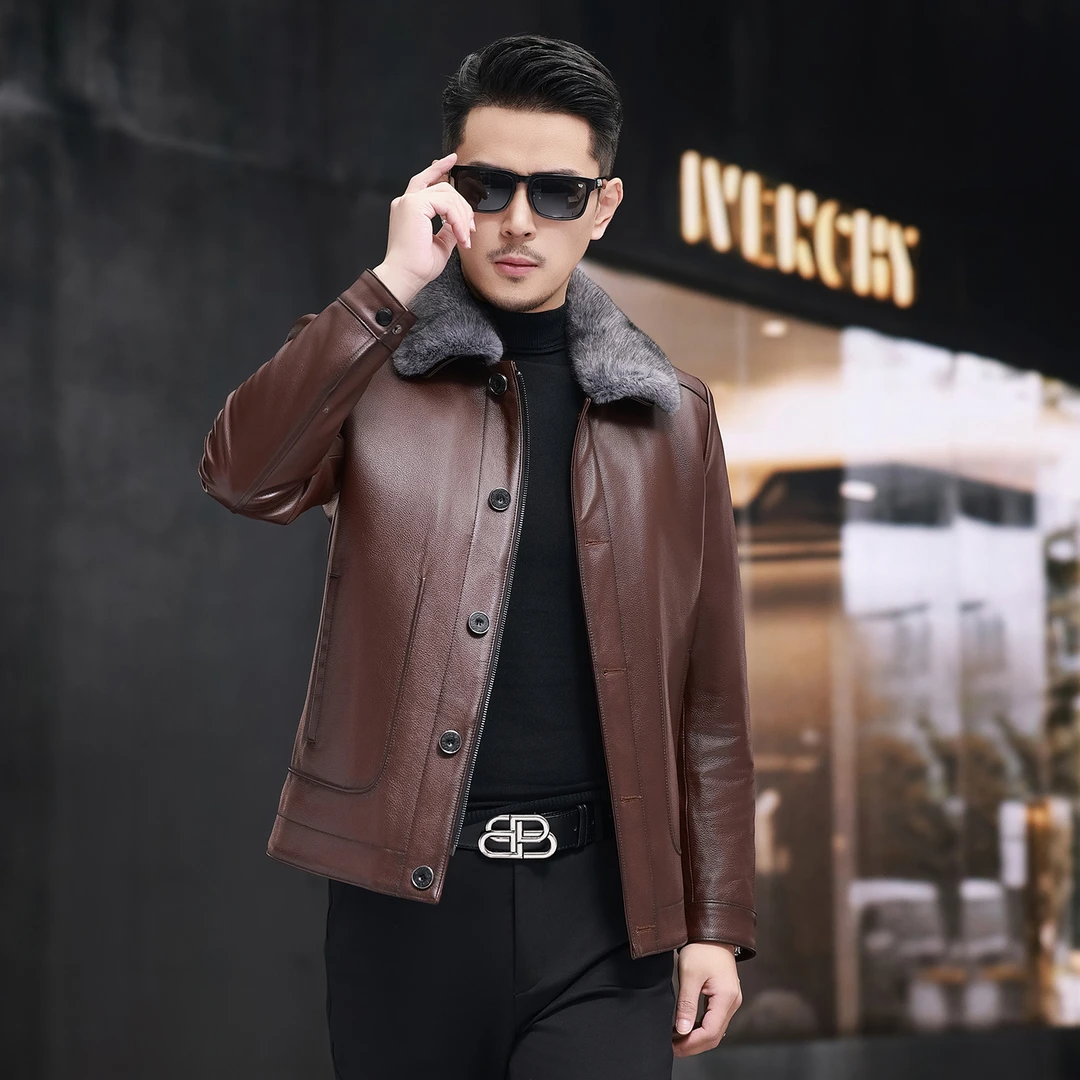 1920冬季海宁真皮皮衣男士头层牛皮翻领加厚短款休闲夹克加厚外套