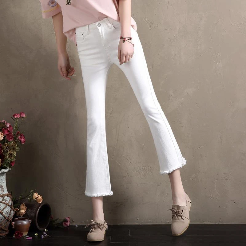 白色牛仔裤女2025冬季加绒高腰显瘦女款裤子九分加厚修身喇叭裤子