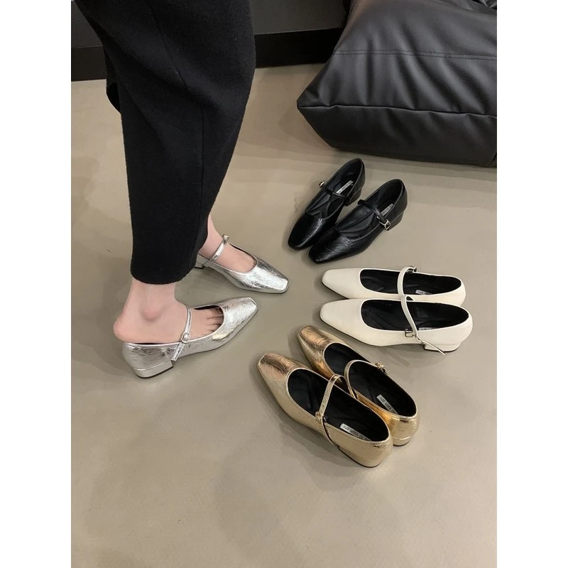 【法国设计师】粗跟银色玛丽珍单鞋女鞋子2025新款春秋方头法式春