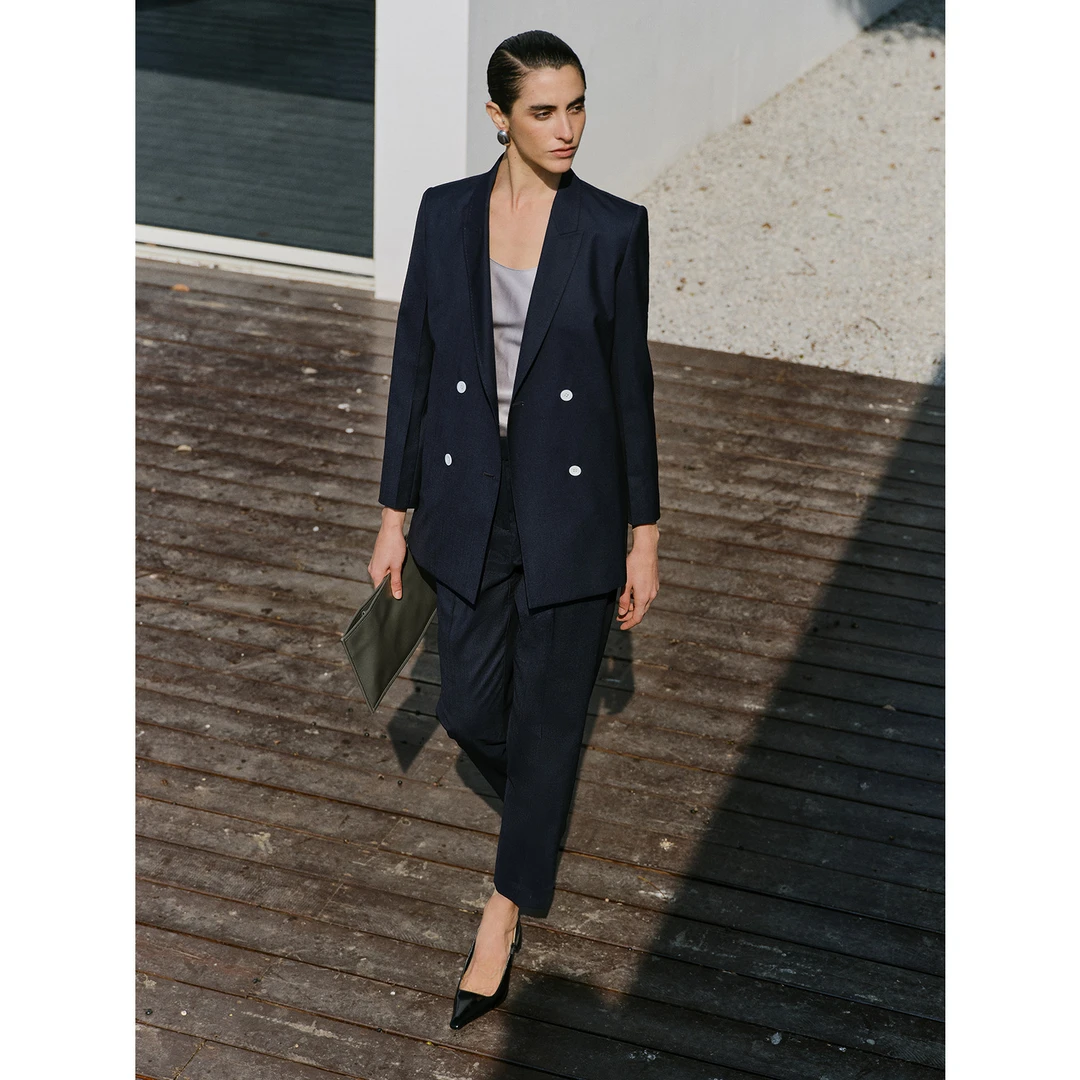 MARIUS“海岸”意大利挺阔干爽欧根纱双排扣西服显瘦开叉西裤