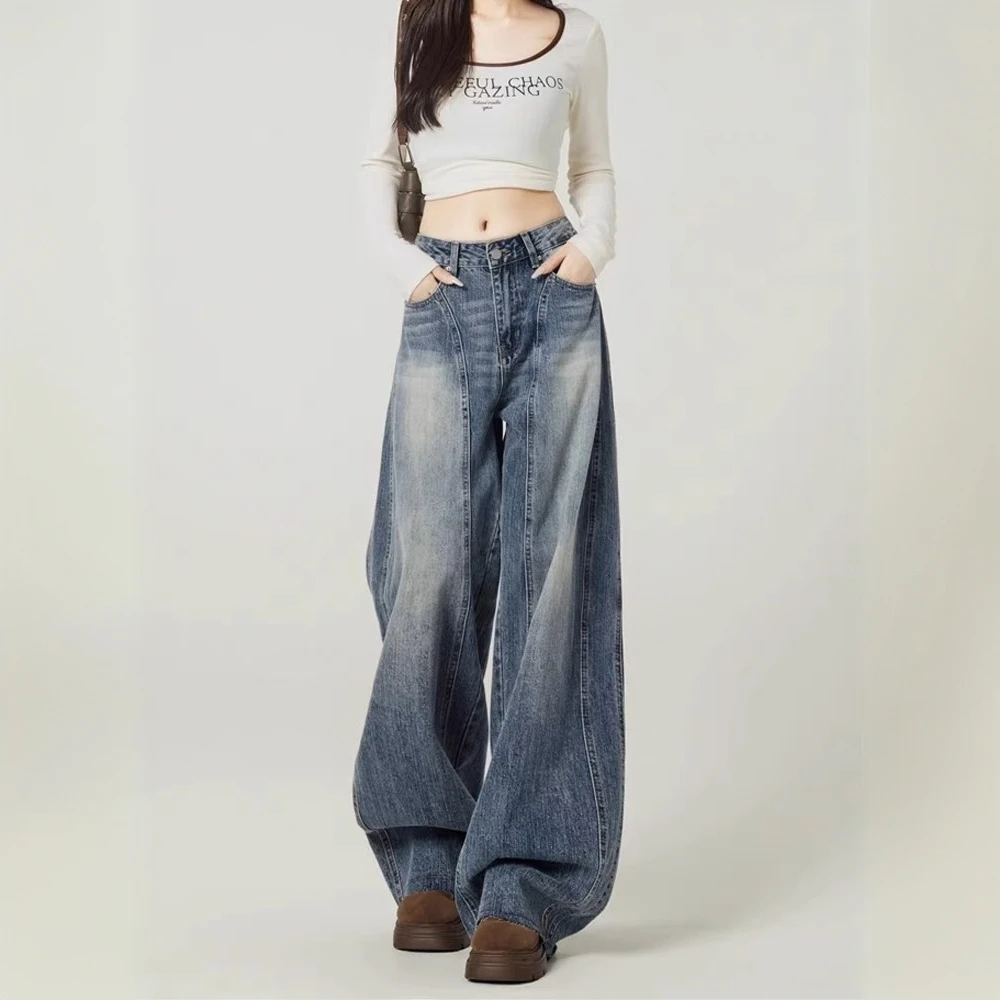 复古蓝高街宽松阔腿牛仔裤女春季新款美式设计感高腰垂感弯刀裤子