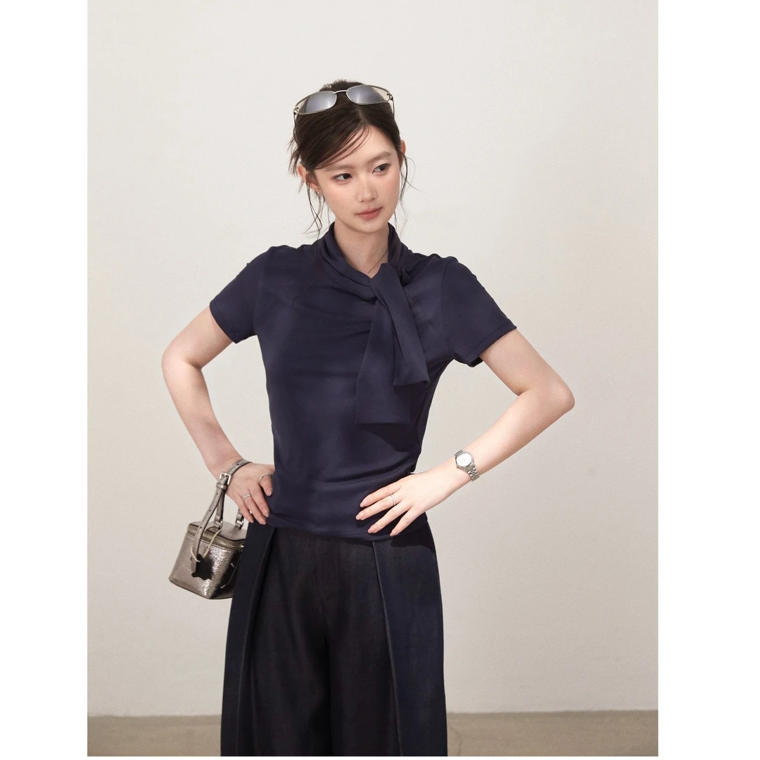 现货【谢不肉】夏季绑带设计感韩版短袖修身休闲显瘦T恤上衣5694