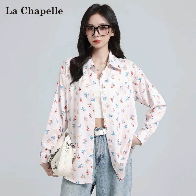 拉夏贝尔复古碎花长袖衬衫女秋季新款Polo领正肩宽松防晒休闲上衣