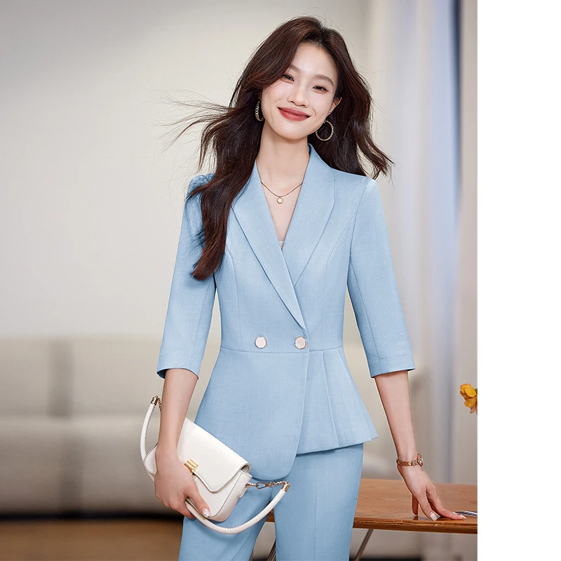 蓝色中袖西装女士夏季2025新款时尚气质高级中袖薄款西服外套休闲