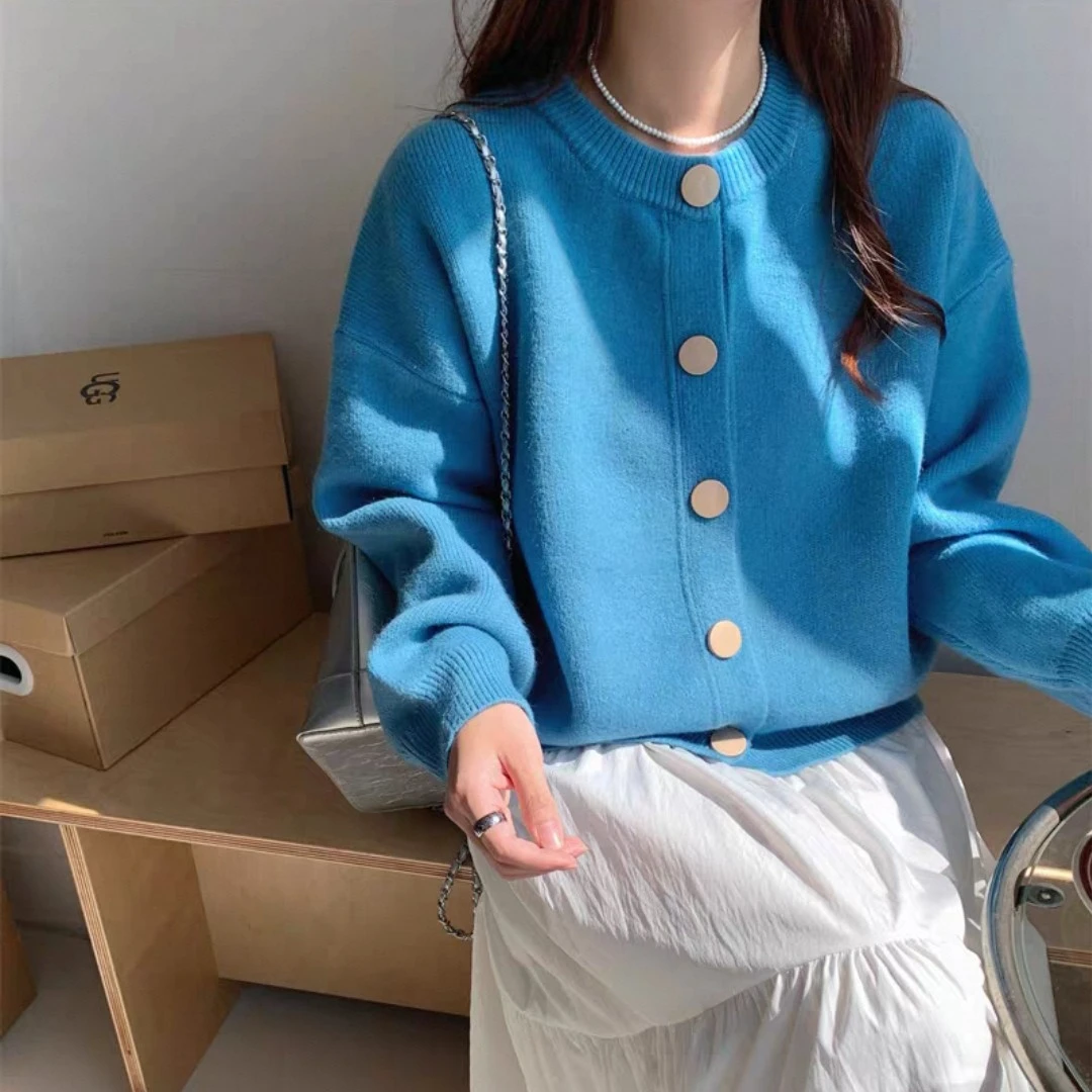 韩版时尚高级感针织开衫加厚圆领宽松显瘦百搭外穿短款毛衣外套女