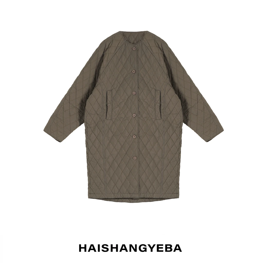 【海上叶爸】新款2025秋冬百搭桑蚕丝圆领纽扣菱格长款保暖棉服
