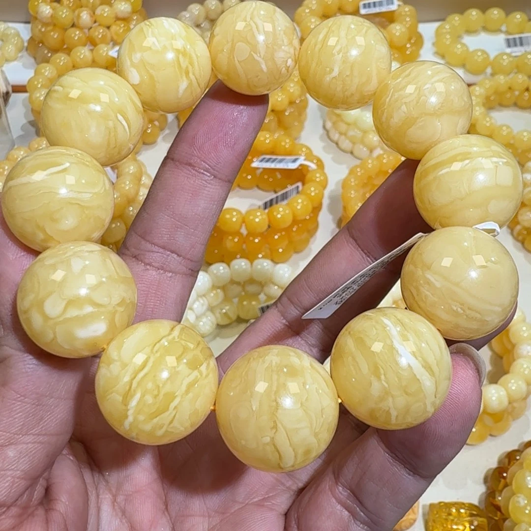 琥珀未镶嵌珠宝奇石20m同料虎皮花蜡圆珠串53.5克