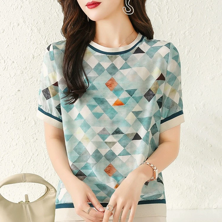 外贸原单 艺术水墨蓝几何印花桑蚕丝T恤 真丝短袖 夏季圆领设计感
