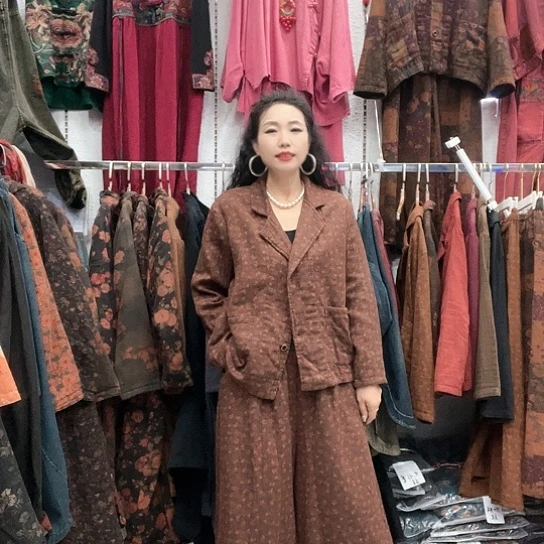 织绣招财猫麻西服套装小卡花