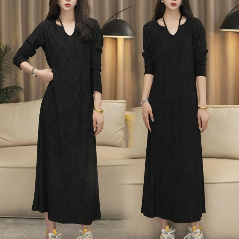 中长款女装正肩复古挂脖连衣裙打底宽松腰长袖纯色