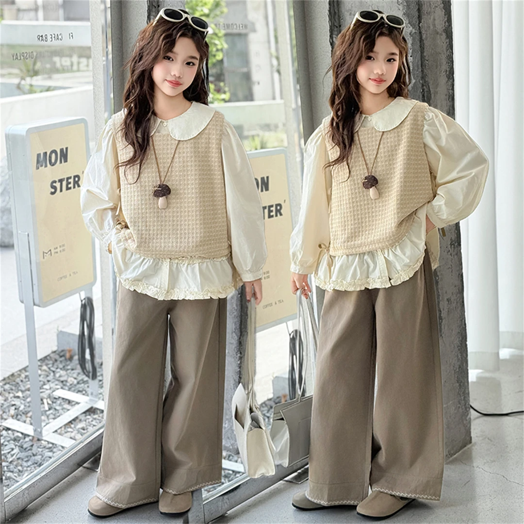 女童秋装套装2025新款6-12岁中大童潮款小女孩休闲马甲衬衫三件套