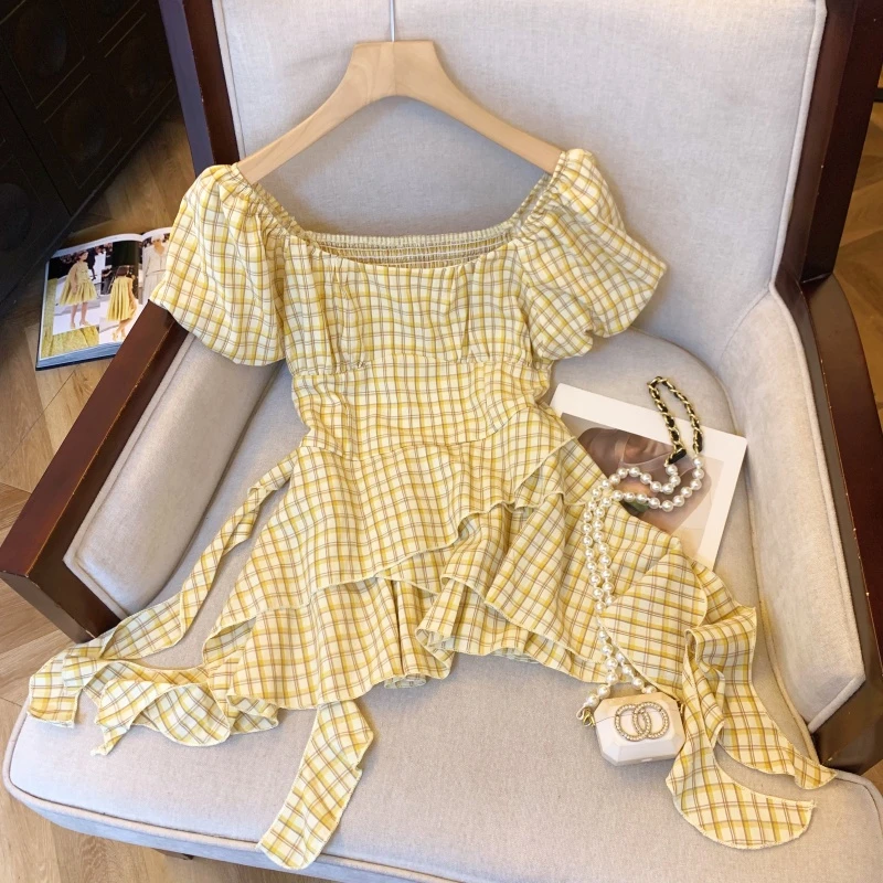 实拍 韩版甜美格纹一字肩显瘦荷叶边飘带短款小衫洋气娃娃衫夏装