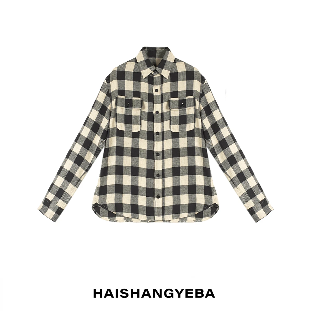 【海上叶爸】新款2025百搭亚麻格纹磨毛水洗棉宽松长袖衬衫