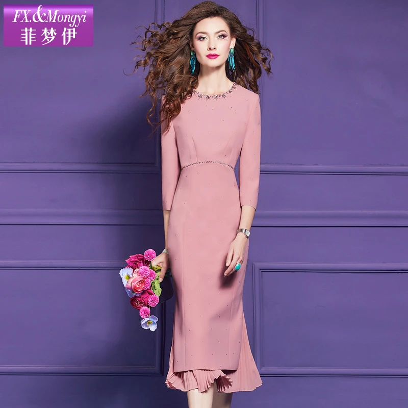 菲梦伊春季新款显瘦优雅时尚连衣裙七分袖优雅贵气鱼尾裙子62334