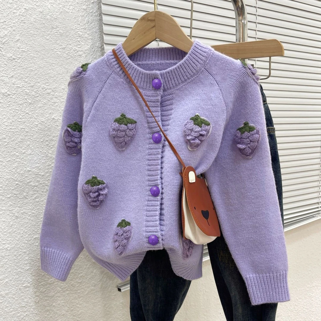 童装宝宝女童毛衣开衫2025春秋儿童外套小女孩洋气手工葡萄上衣