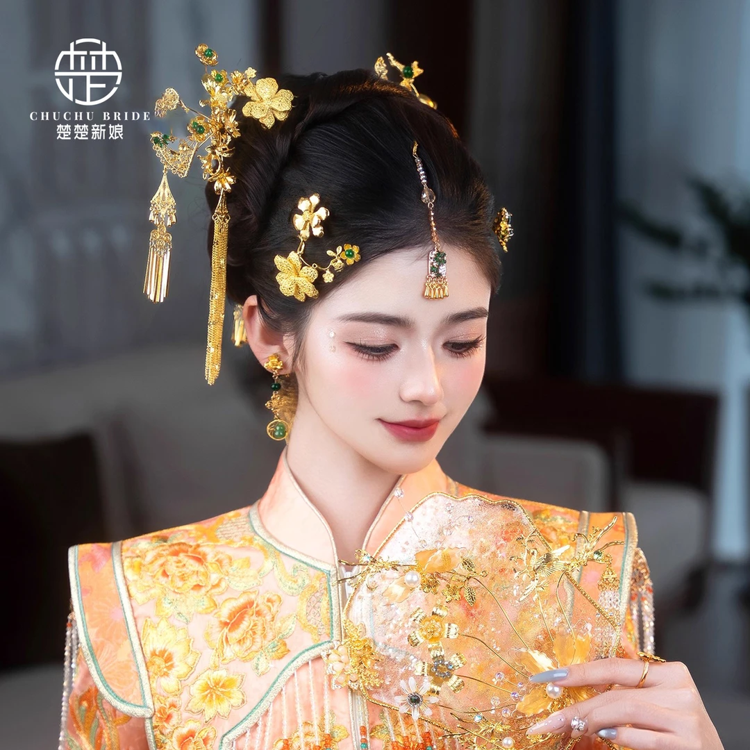 新款结婚头饰中式秀禾服发饰新娘金色复古流苏簪子盘发饰品配饰