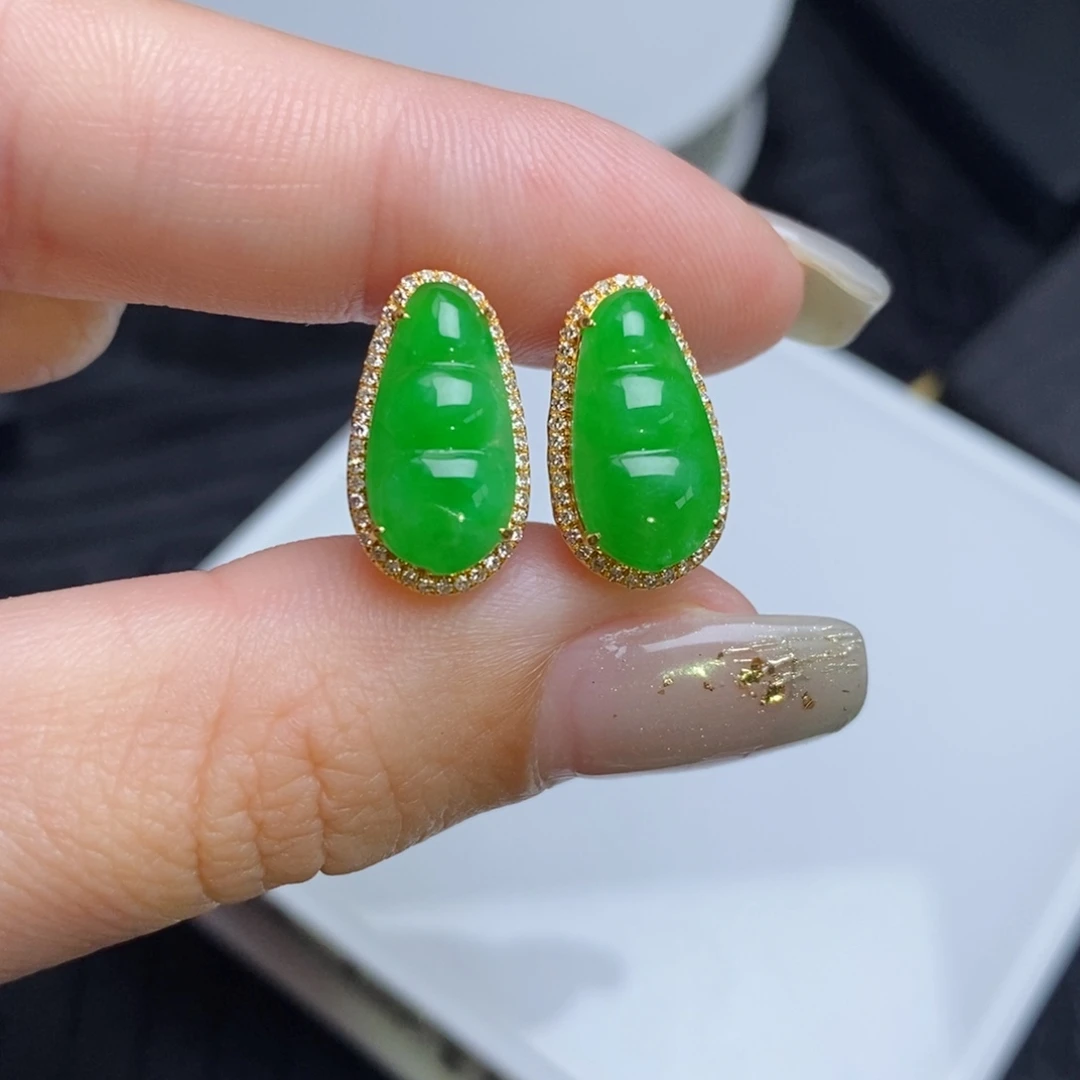 翡翠18K金镶嵌耳饰福豆